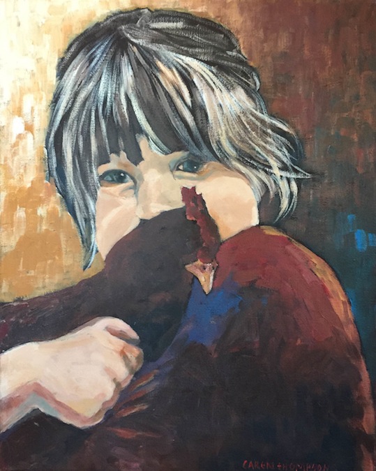 Caren Thompson |  Girl and her chook |  oil |  40 x 50 cm   McATamney Gallery and Design Store | Geraldine NZ